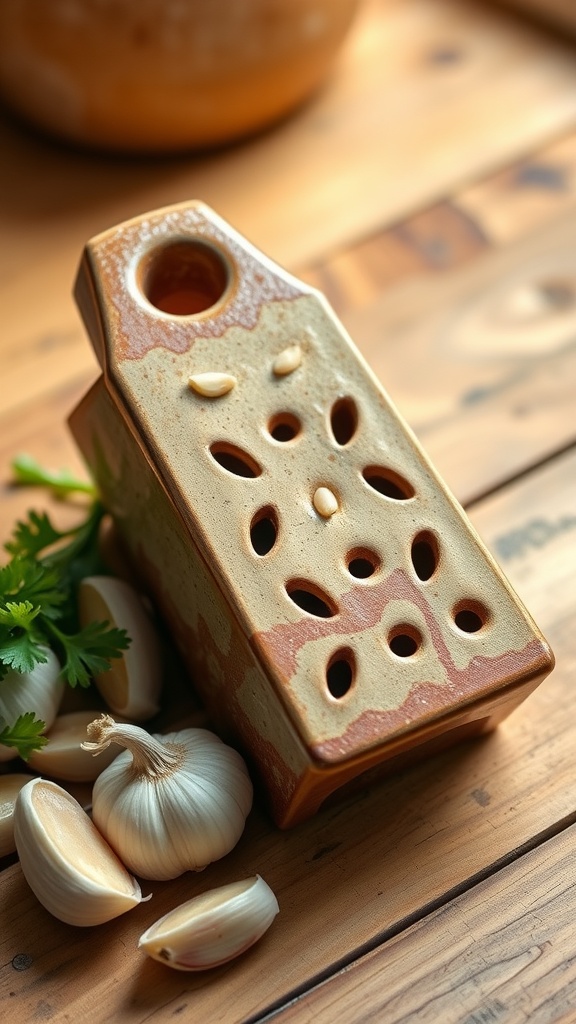 A pottery garlic grater with garlic cloves on a wooden countertop.
